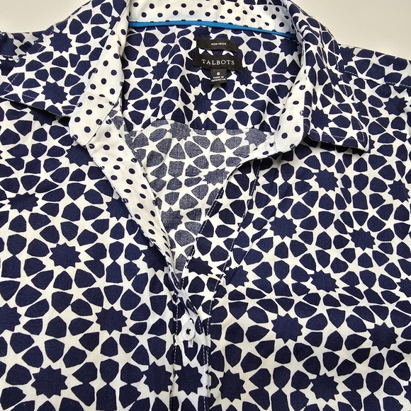 Talbots Navy and White Sleeveless Button-Front Geometric Print Shirt - Picture 3 of 6